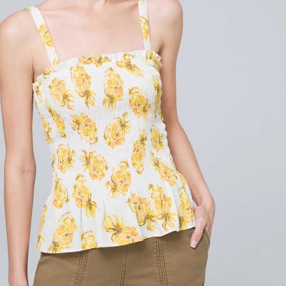 WH/BM Sleeveless Yellow & White Pineapple Smocked Top